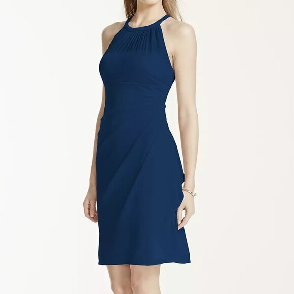 David's Bridal Sleeveless High Neck Sheer Bodice Pleated Drape Lined Dress Navy - Picture 4 of 11